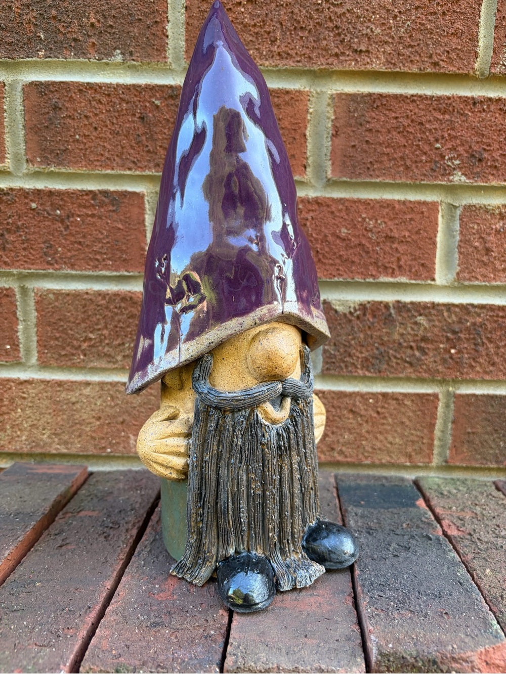 Hand Crafted Purple-Hat Garden Gnome Ceramic Statue
